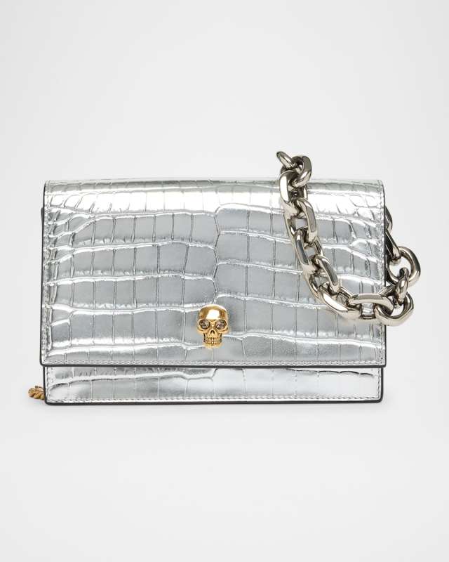 Skull Metallic Croc-Embossed Leather Shoulder Bag